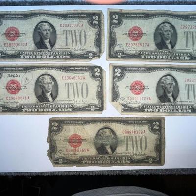 (5) 1928 $2 Red Seal Bills