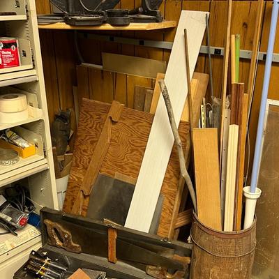 Tool Box w/ Assorted Tools and Wood Sheets Lot