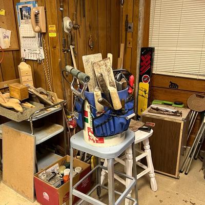 Metal Stool, Cart and Bucket of Tools Lot