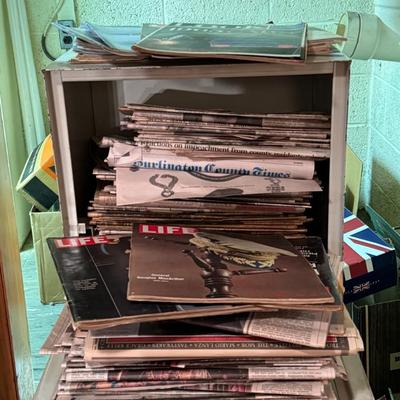 Metal Newspaper Box w/ Newspapers and Magazines Lot