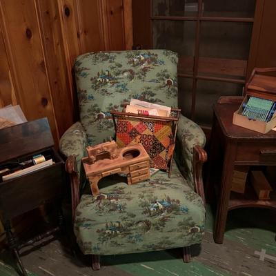 Vintage Recliner, Side Table w/ Contents, and Wood Sewing Chest/Table Lot