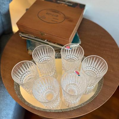 Side Table w/ Crystal Glasses and Tray Lot