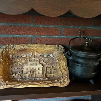 Cast Iron Potbelly Crock and Williamsburg Carved Plate