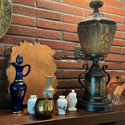 Lamp and Blue Oil Bottle Lot