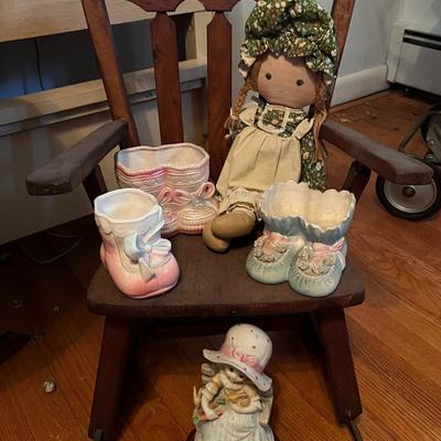 1970s Knickerbocker Holly Hobbie Rag Doll and Wood Rocking Chair Lot
