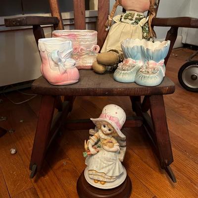 1970s Knickerbocker Holly Hobbie Rag Doll and Wood Rocking Chair Lot