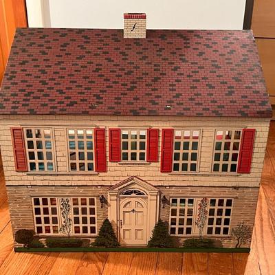 Vintage Tin Litho 5-Room 2-Story Colonial Dollhouse w/ Furniture