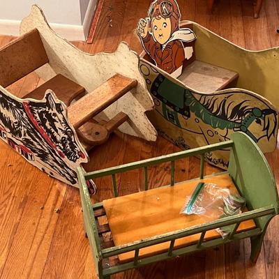 1950s Toddler Horse and Scotty Wood Rockers and Baby Doll Crib