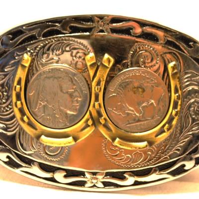 Unique "Buffalo Nickels & Horseshoes" Belt Buckle 3 1/2" x 2 1/4"