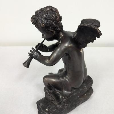 Bronze Cherub Sculpture Playing A Horn