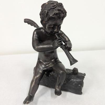 Bronze Cherub Sculpture Playing A Horn