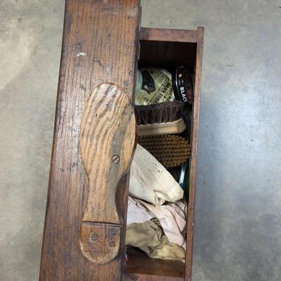 Vintage Wooden Shoe Shine Box With Horsehair Brushes