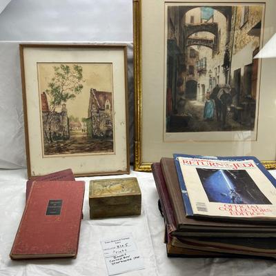 2 framed Etchings, vintage books, yearbooks