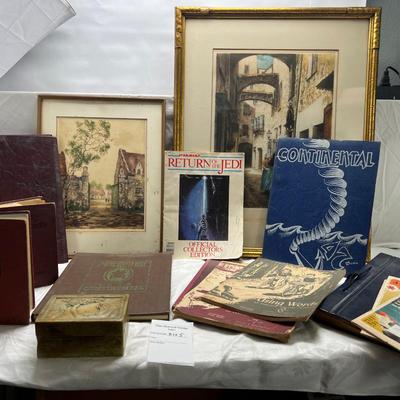 2 framed Etchings, vintage books, yearbooks