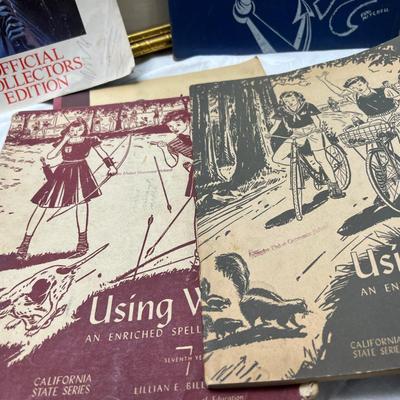 2 framed Etchings, vintage books, yearbooks
