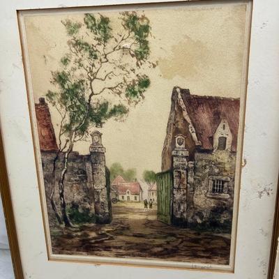 2 framed Etchings, vintage books, yearbooks