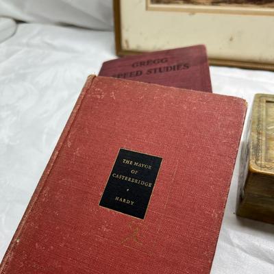 2 framed Etchings, vintage books, yearbooks