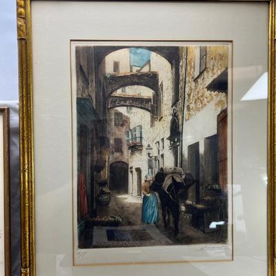 2 framed Etchings, vintage books, yearbooks