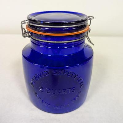 Cobalt Blue Glass Cookie Jar 1904 Italy Crownford China 2 Quart Bless Our House