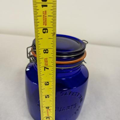 Cobalt Blue Glass Cookie Jar 1904 Italy Crownford China 2 Quart Bless Our House