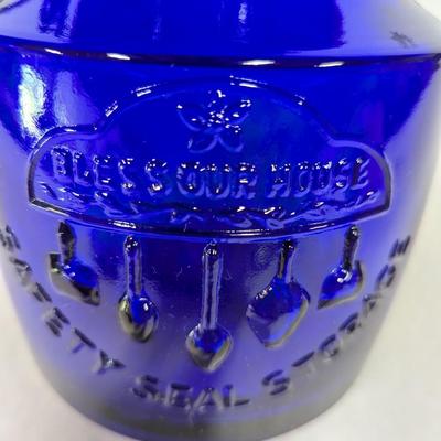 Cobalt Blue Glass Cookie Jar 1904 Italy Crownford China 2 Quart Bless Our House