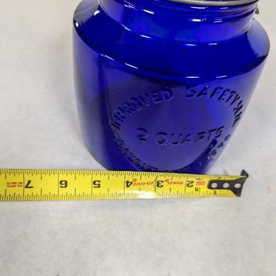 Cobalt Blue Glass Cookie Jar 1904 Italy Crownford China 2 Quart Bless Our House