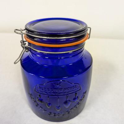 Cobalt Blue Glass Cookie Jar 1904 Italy Crownford China 2 Quart Bless Our House