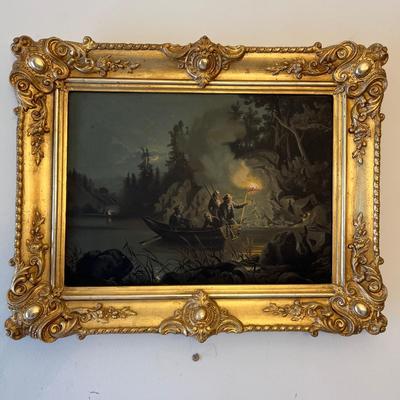 Landscape/Rowing Boat Painting in Ornate Gilded Frame (GB-RG)