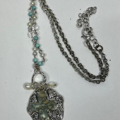Cross Pendant Necklace silver-tone, turquoise colored beads & faux pearl beads