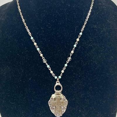 Cross Pendant Necklace silver-tone, turquoise colored beads & faux pearl beads