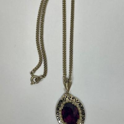 Magenta Colored Stone Pendant with Gold-tone Setting & Chain