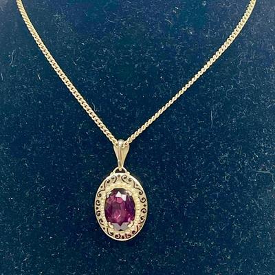 Magenta Colored Stone Pendant with Gold-tone Setting & Chain