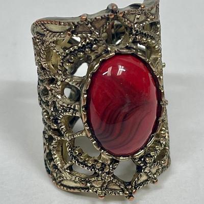Vintage Brass Statement Ring with Red Stone