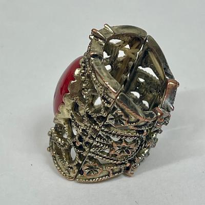 Vintage Brass Statement Ring with Red Stone