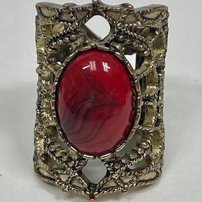Vintage Brass Statement Ring with Red Stone