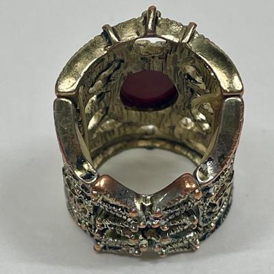 Vintage Brass Statement Ring with Red Stone