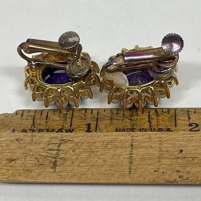 Earrings purple oval stones surrounded by faux pearls fashion jewelry clip-on