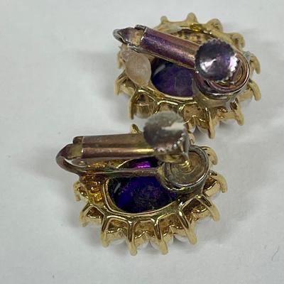 Earrings purple oval stones surrounded by faux pearls fashion jewelry clip-on