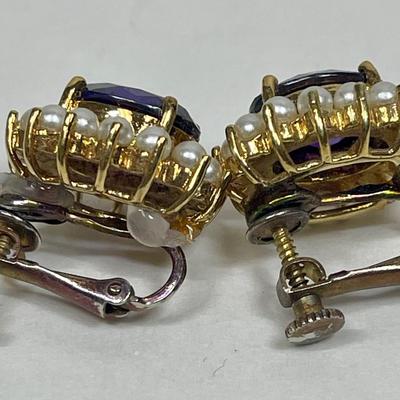 Earrings purple oval stones surrounded by faux pearls fashion jewelry clip-on