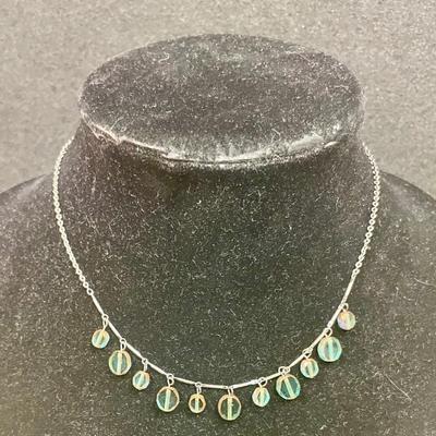 Silvertone Necklace with Green Translucent Stones