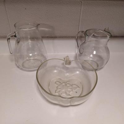 2 Glass Pitchers 1 Made In Italy & Hazel Atlas Orchard Large Salad Bowl