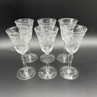Vintage Set of Six Etched Cordial Shot Glasses (6)