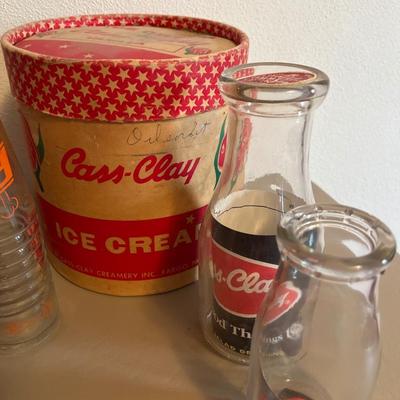 Vintage Cass Clay Paper Ice Cream tub, milk bottles & soda bottles