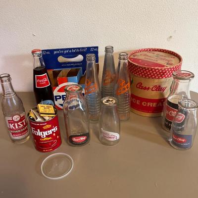 Vintage Cass Clay Paper Ice Cream tub, milk bottles & soda bottles