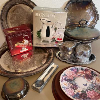 Silver trays, pitchers, casserole, class of 1951 spoon