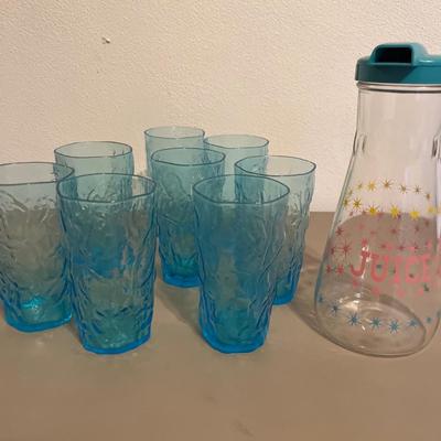Vintage juice, dispenser, and glasses