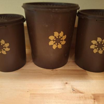 3 Brown Tupperware Canisters