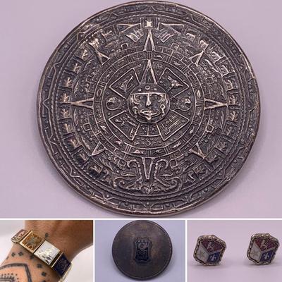 Sterling Aztec Calendar Pendant, Coat of Arms Jewelry, & More (K-HS)