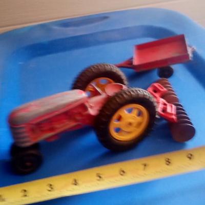 LOT 127 TOY TRACTOR AND TWO IMPLEMENTS