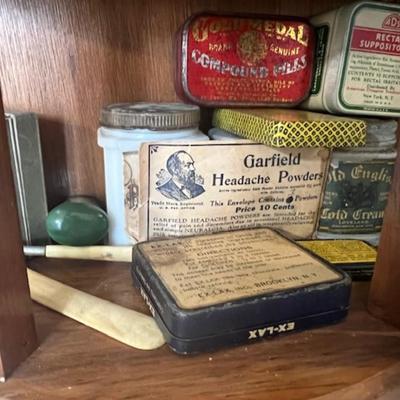 Pair of Display Cabinets with Vintage Medicine Bottles and More